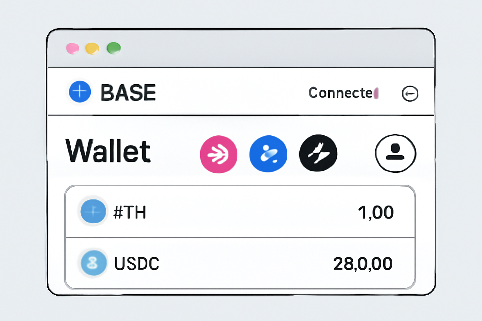 a browser wallet interface connected to the Base network, with DEX icons and token balances visible, clean and techy