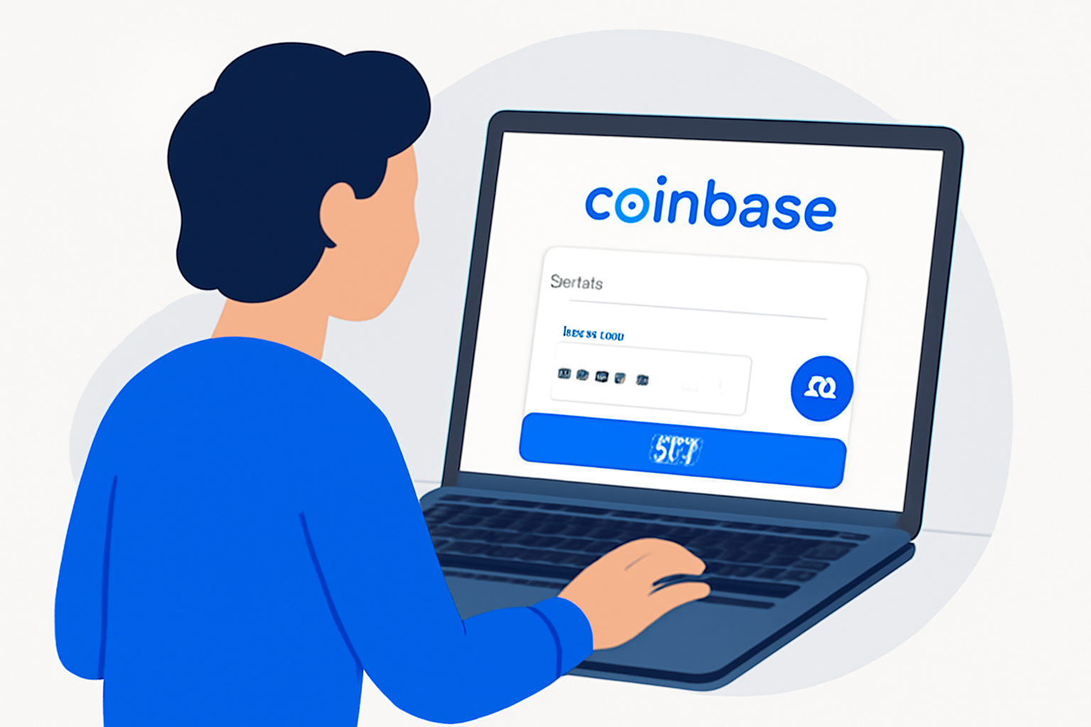 A person at a computer, logging into the Coinbase website, with a secure login screen visible.