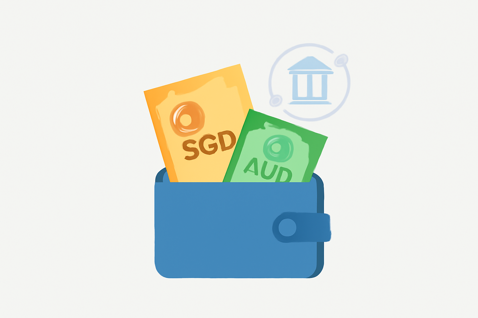 A digital wallet being funded with SGD and AUD currency symbols, showing a seamless deposit process.