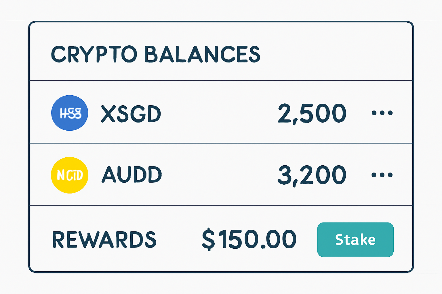 a dashboard displaying crypto balances and rewards, with XSGD and AUDD tokens highlighted, clear and informative
