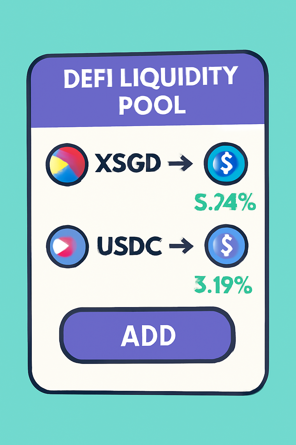 a DeFi liquidity pool interface showing XSGD and USDC pairs, with yield percentages and token icons, vibrant and modern