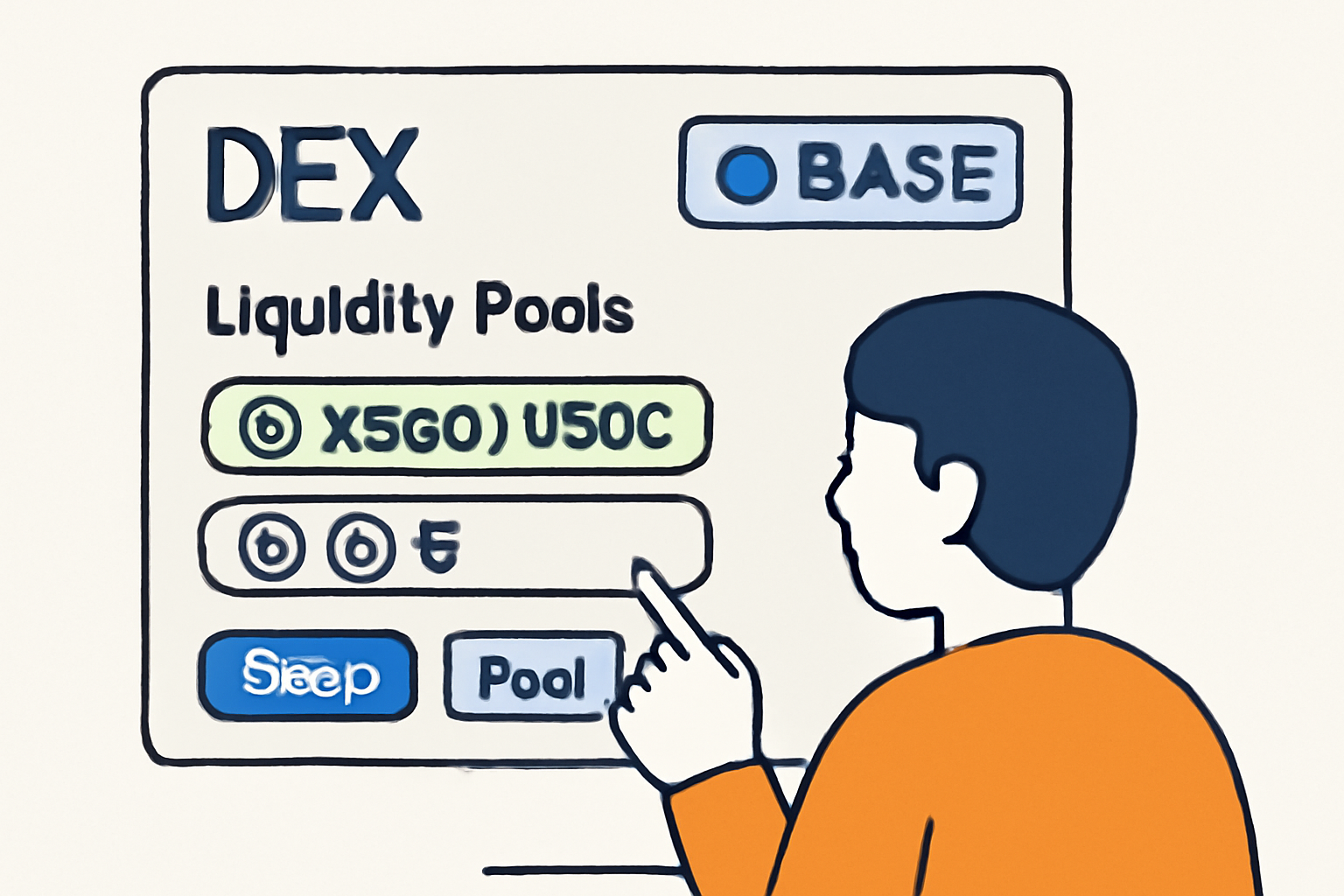 A user interacting with a DEX interface on Base, with liquidity pools and trading pairs like XSGD/USDC displayed.