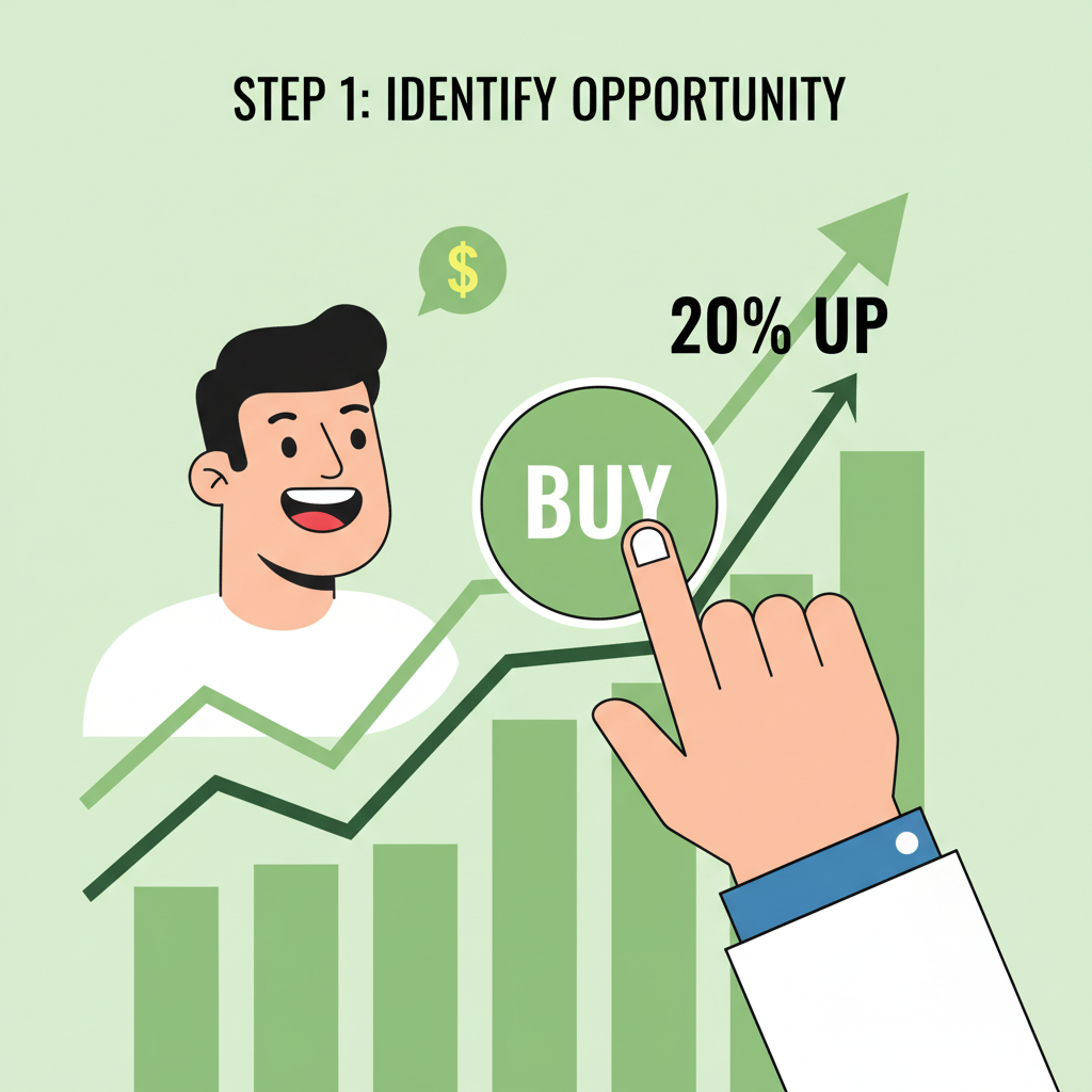 trader clicking buy button on surging chart, excited green arrows 20% up