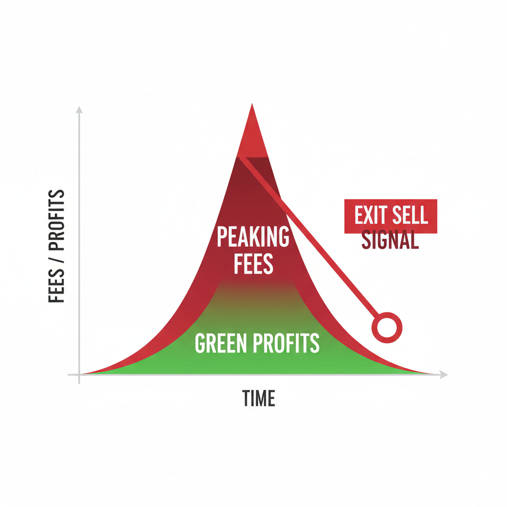 chart peaking fees with exit sell signal, red peak and green profits