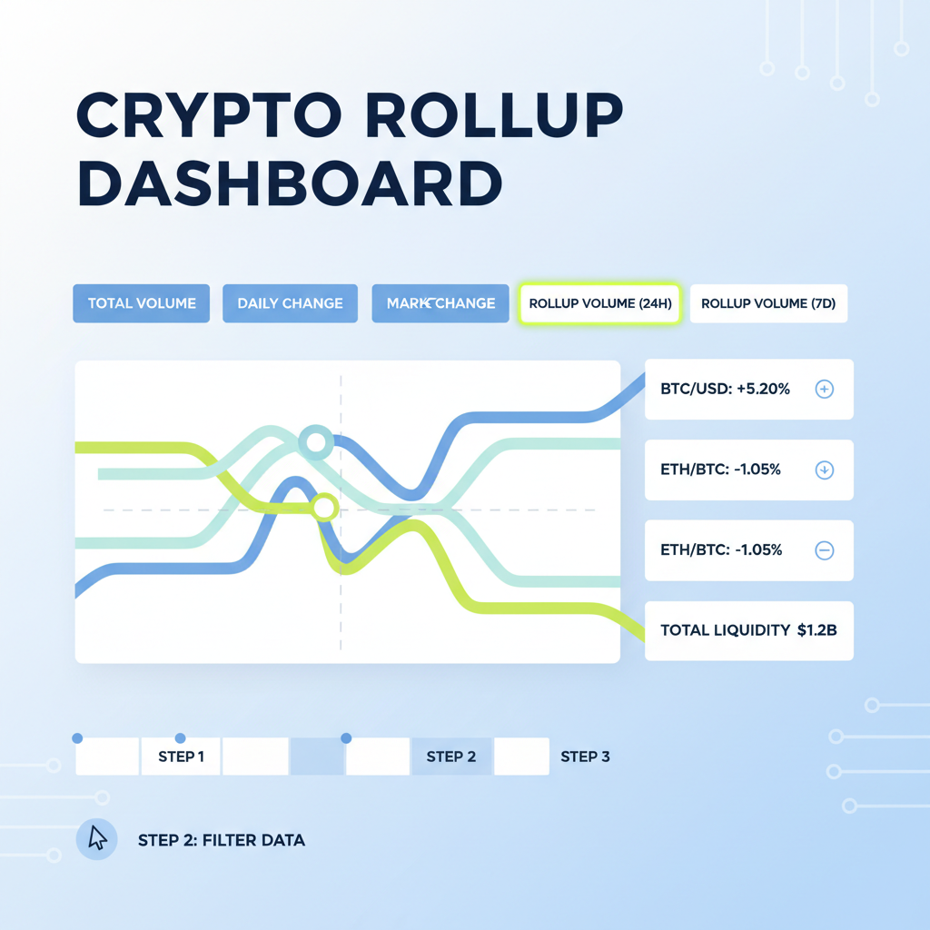 crypto dashboard with rollup volume filters highlighted, data streams flowing