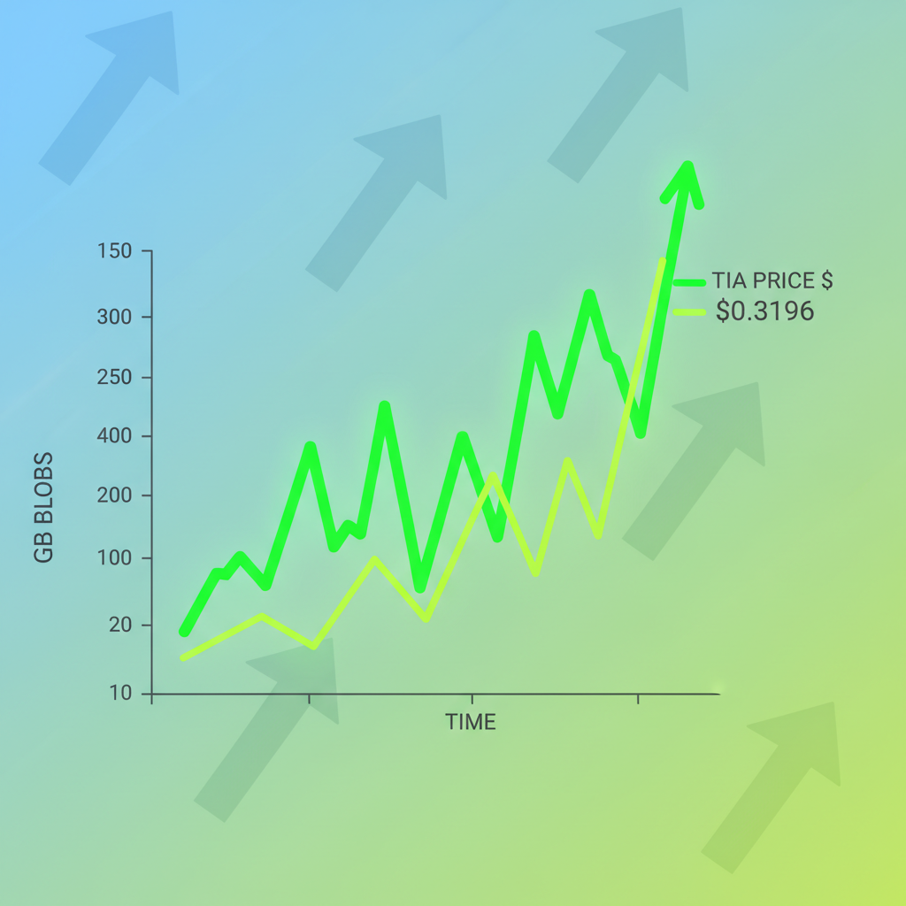 line chart spiking GB blobs vs TIA price $0.3196, vibrant green upward trends