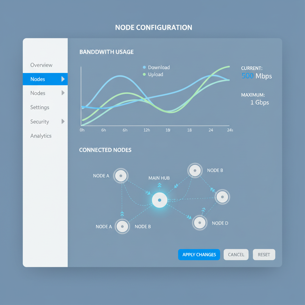 node configuration screen sharing bandwidth graph, network nodes connecting, tech schematic