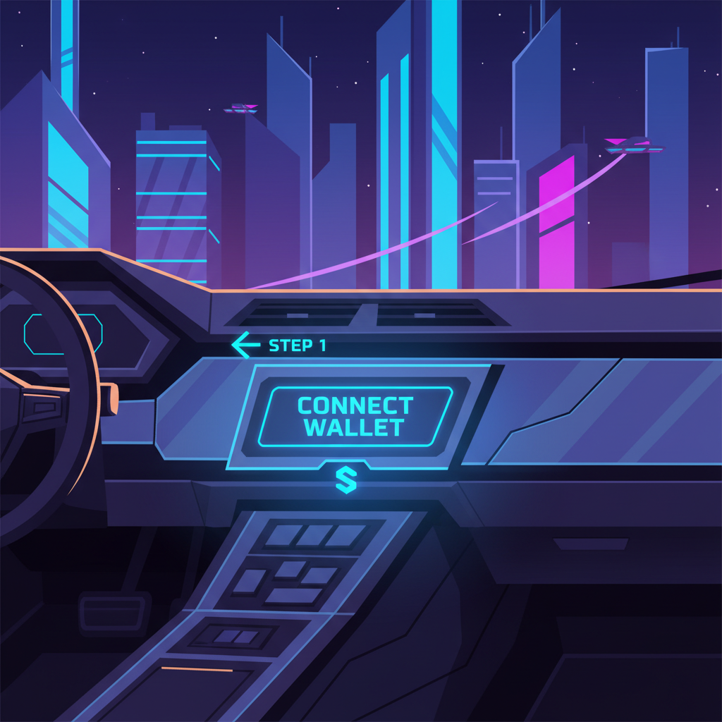 futuristic dashboard with Solana wallet connect button glowing blue, cyberpunk style