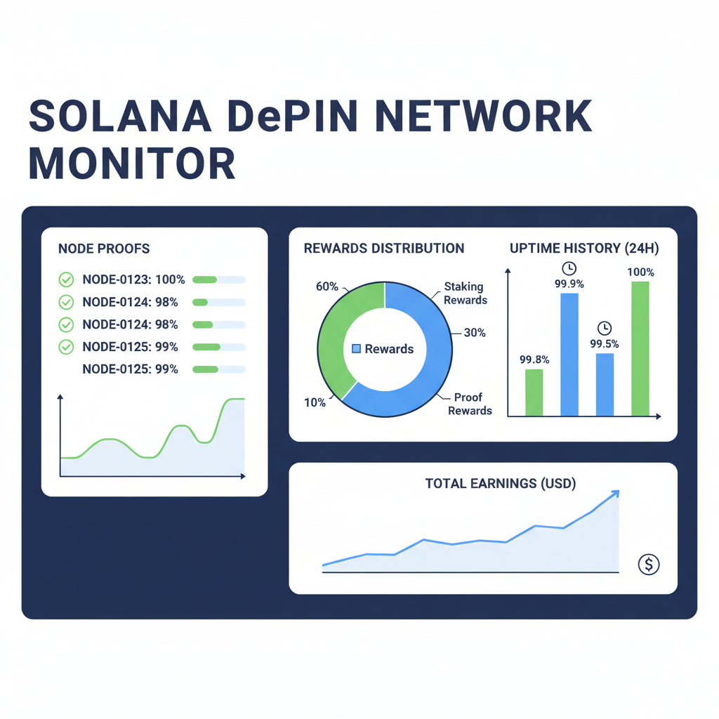 real-time dashboard monitoring node proofs, charts of rewards and uptime, Solana DePIN network