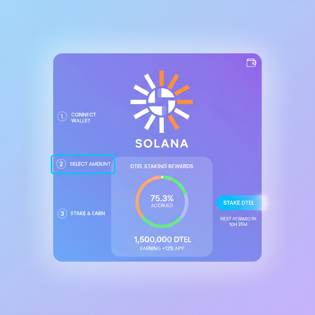 staking interface with DTEL tokens, Solana blockchain graphic, reward meter filling