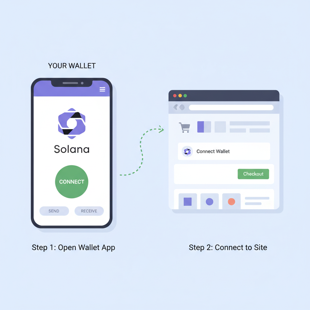 mobile wallet app connecting to web e-commerce site, Solana logo, green connect button, clean UI mockup
