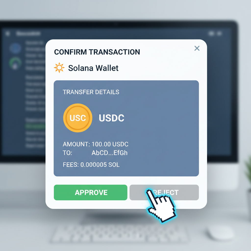 user signing Solana transaction in wallet popup, USDC transfer details visible, secure confirmation screen