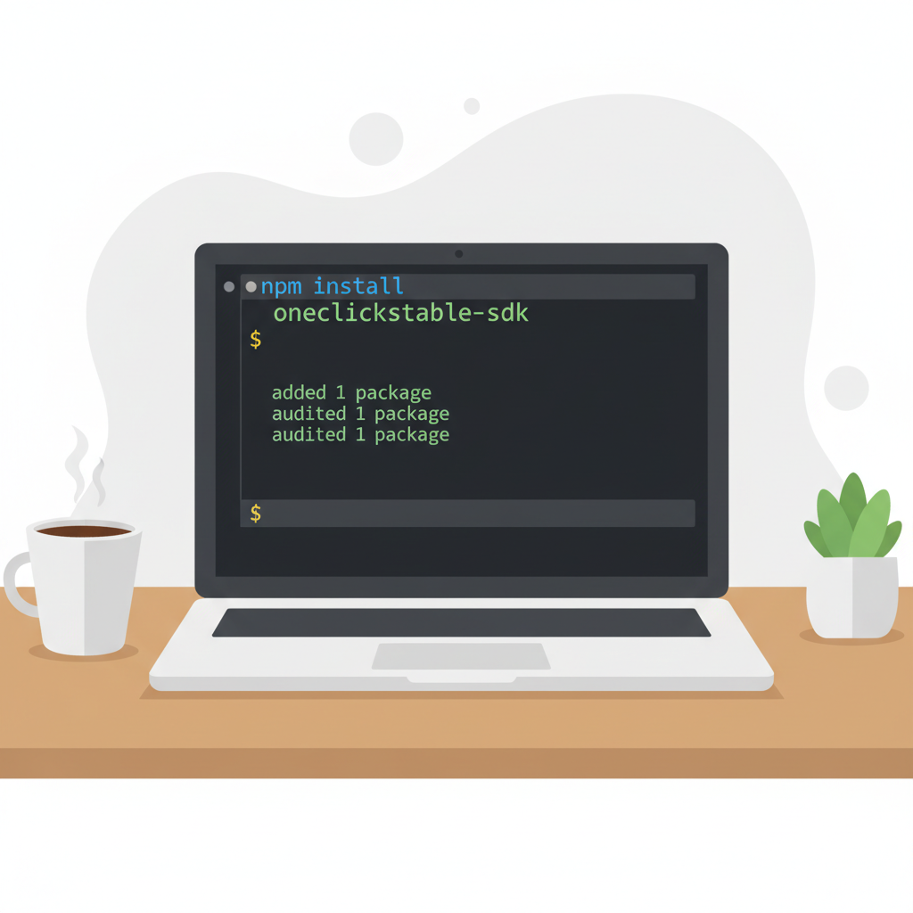 clean terminal window showing npm install oneclickstable-sdk command succeeding, code syntax highlight, developer workspace background