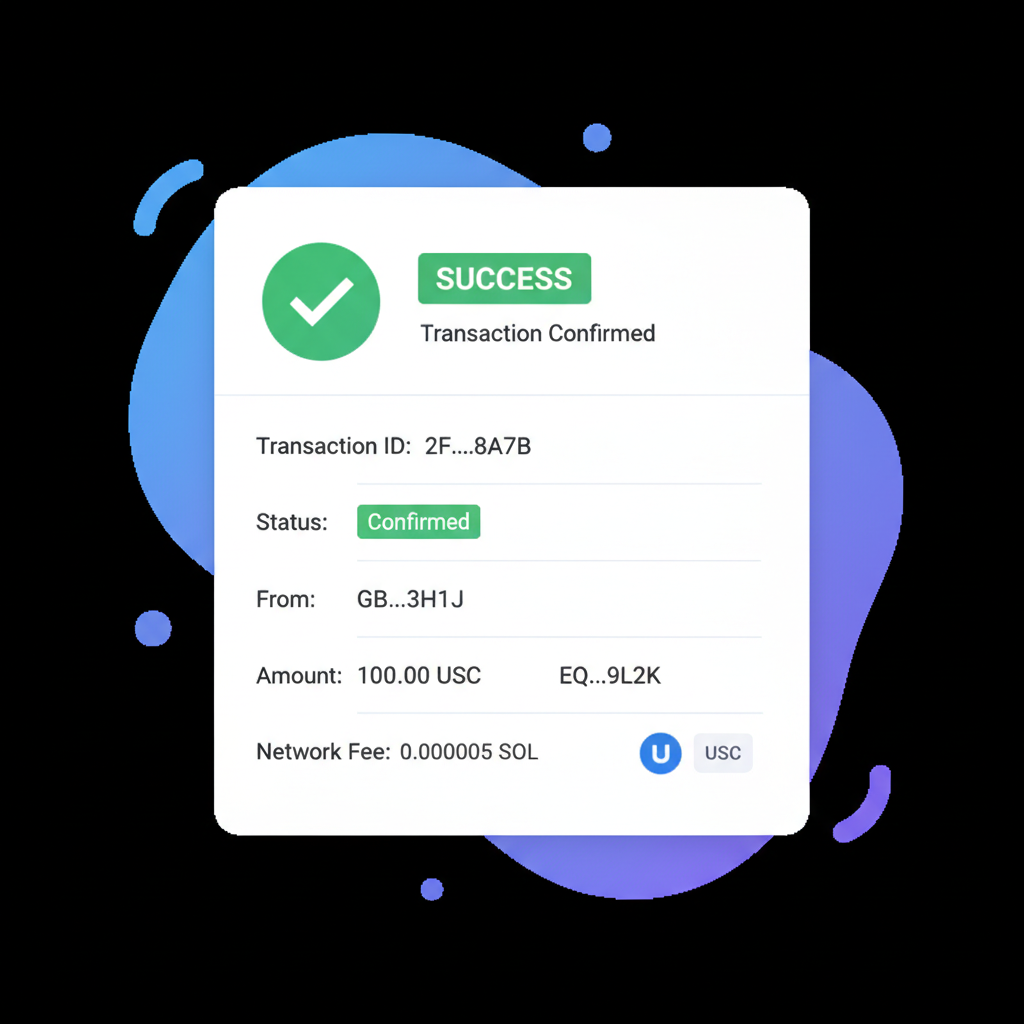 blockchain explorer view showing confirmed Solana USDC transaction, green checkmark, success notification