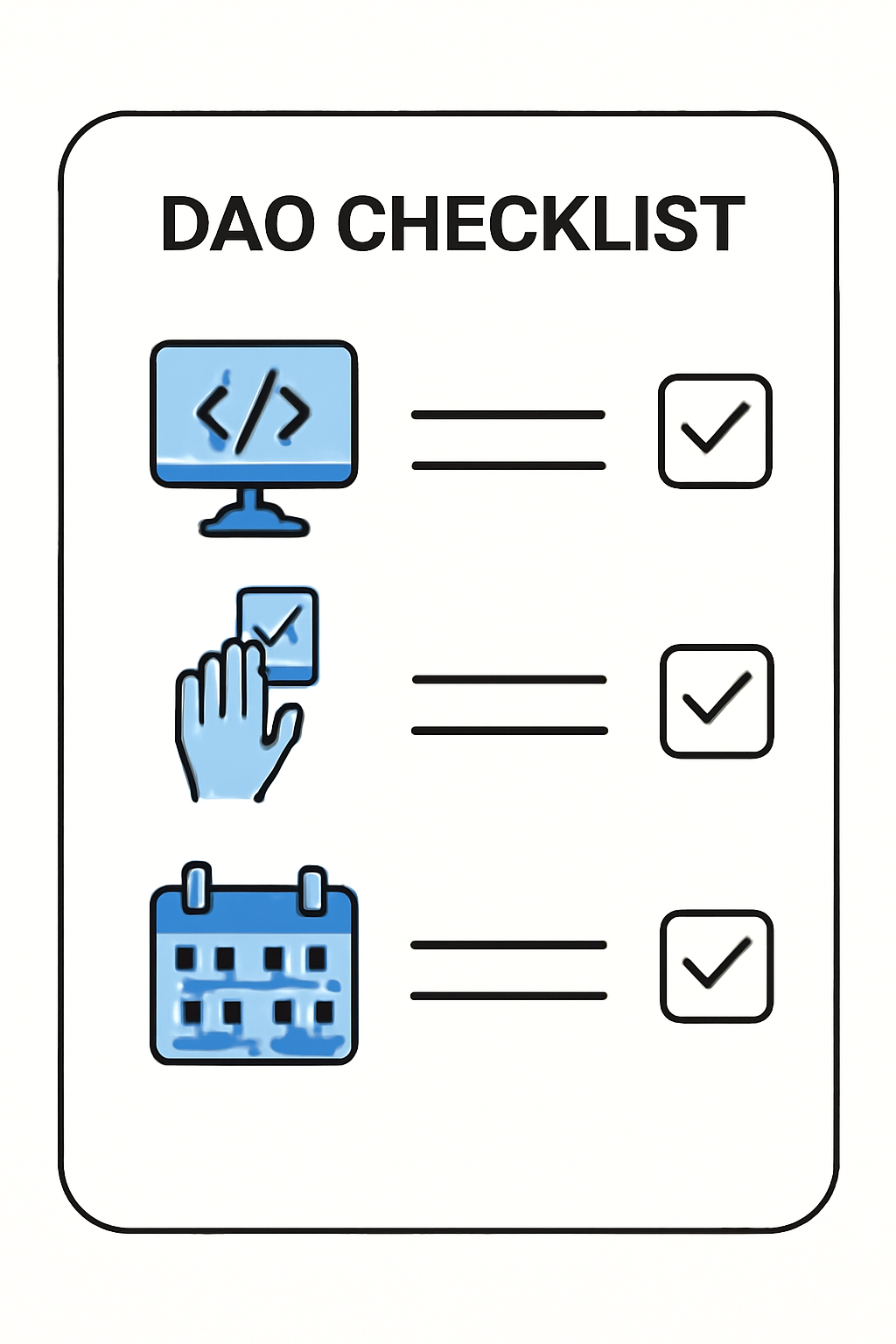 a digital checklist with icons representing DAO activities like coding, voting, and organizing events, in a modern web3 style