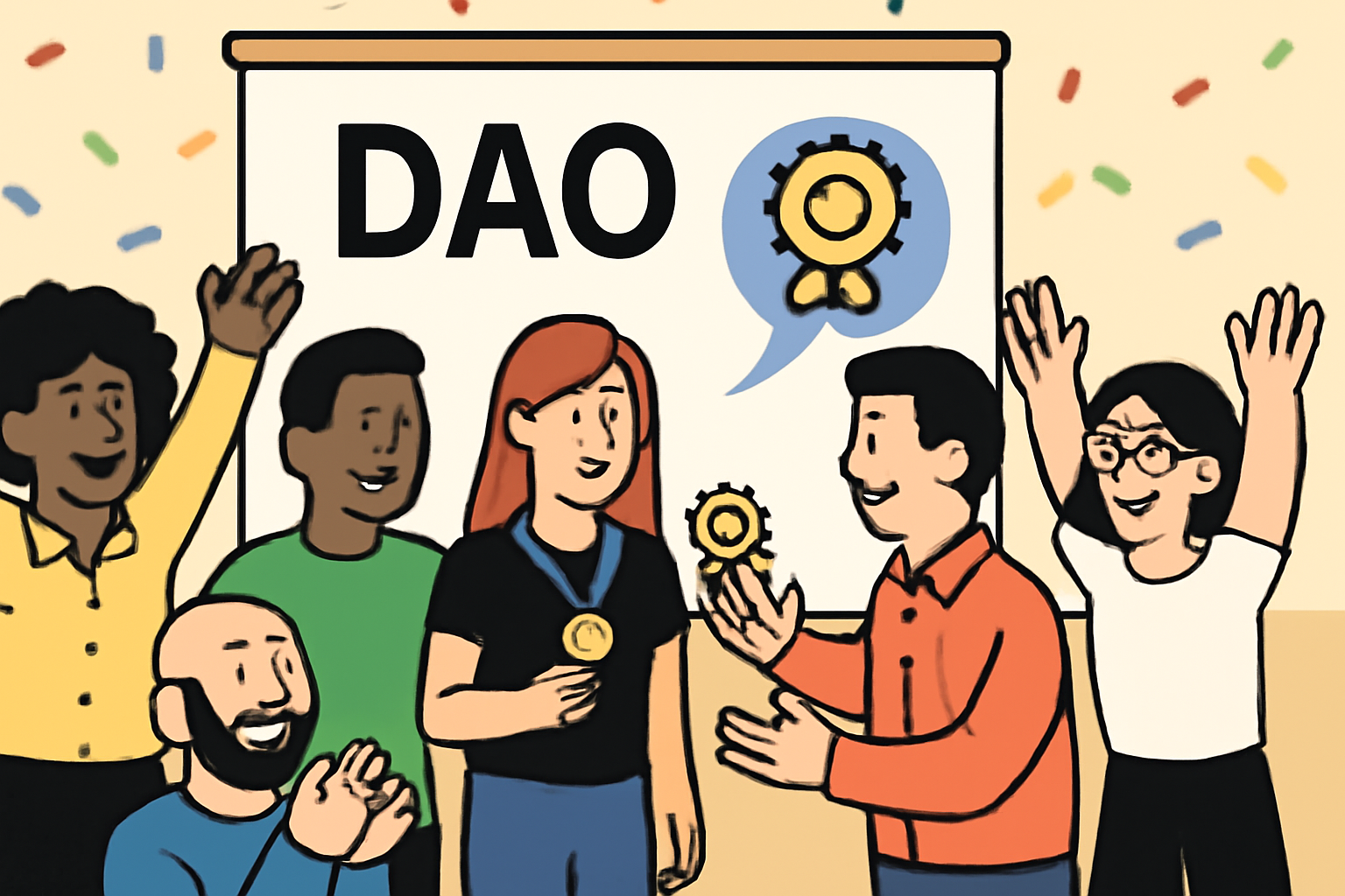 a lively DAO community event with digital badges being awarded to participants, energetic and inclusive atmosphere