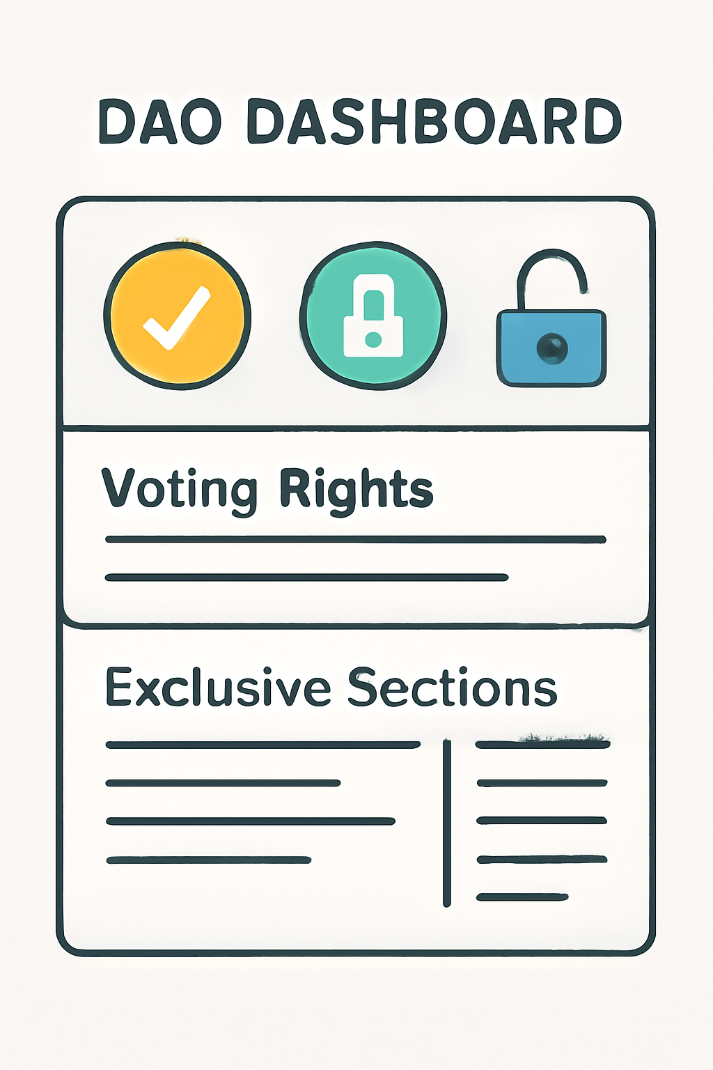 a DAO dashboard showing badges unlocking voting rights and exclusive sections, with digital locks opening