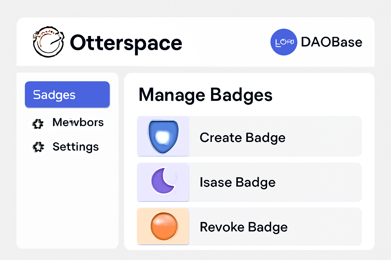 a dashboard interface showing Otterspace or DAOBase badge management tools, with DAO branding and NFT icons