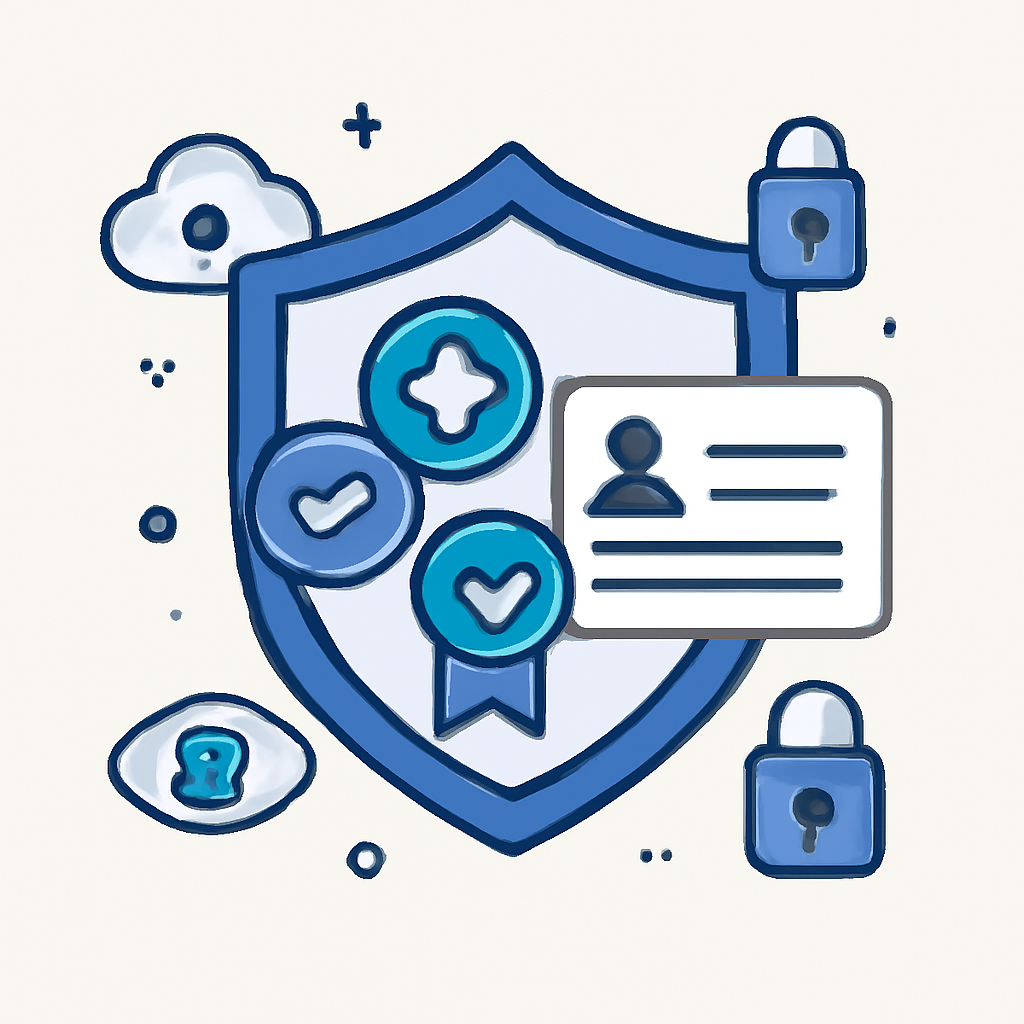 a shield protecting digital badges and contributor data, with privacy icons and secure locks, clean web3 design