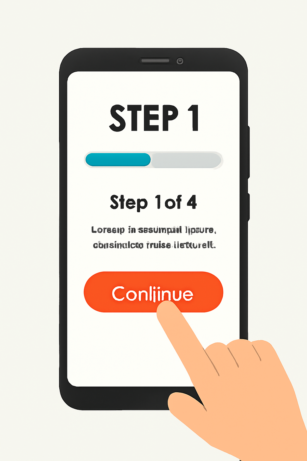 A smartphone showing a progress bar and step-by-step prompts, with a user tapping 'Continue' or 'Next.' Friendly, clear design.