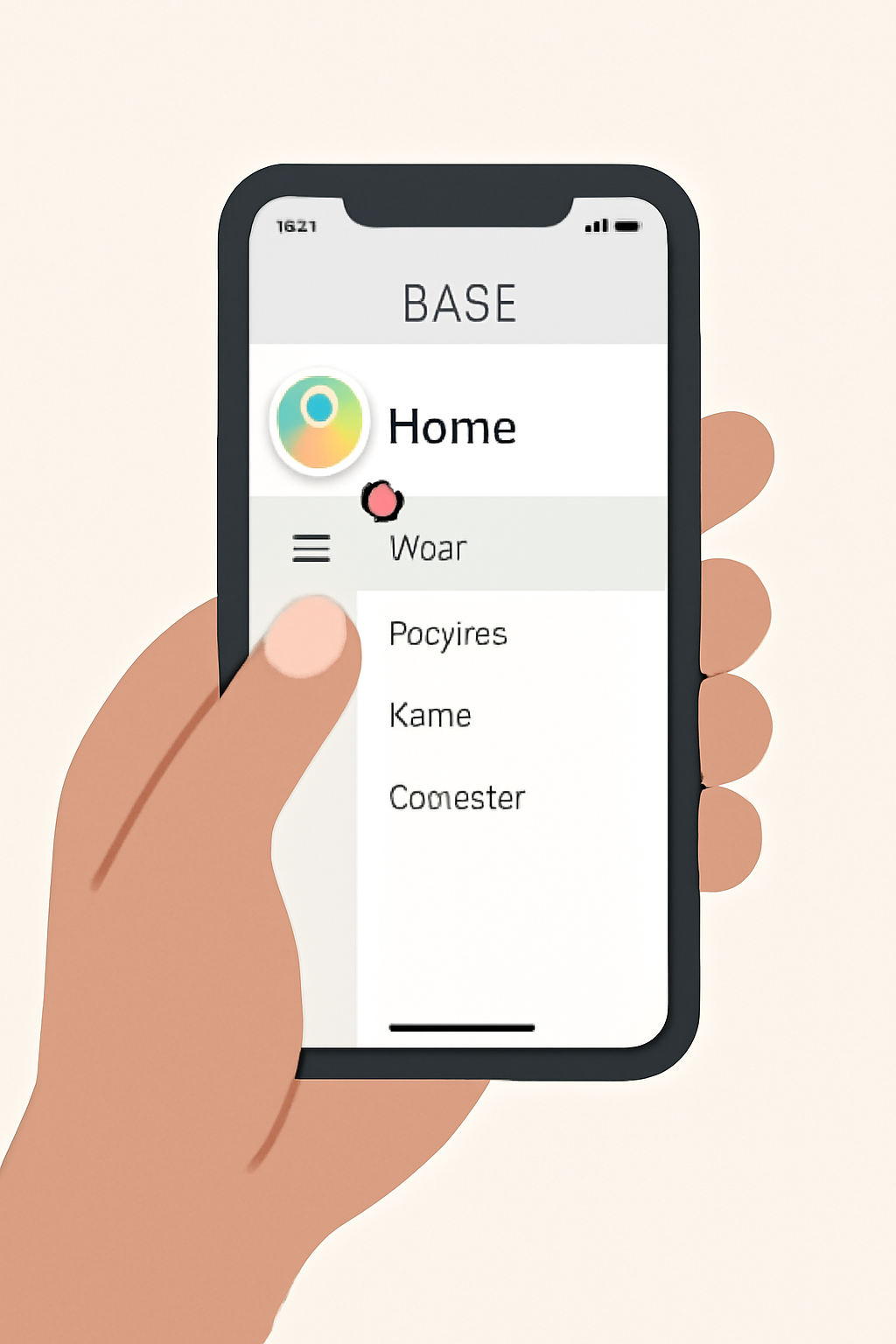 A hand holding a smartphone, the Base app open, showing a user profile photo being tapped to open a sidebar menu. Clean UI, modern style.