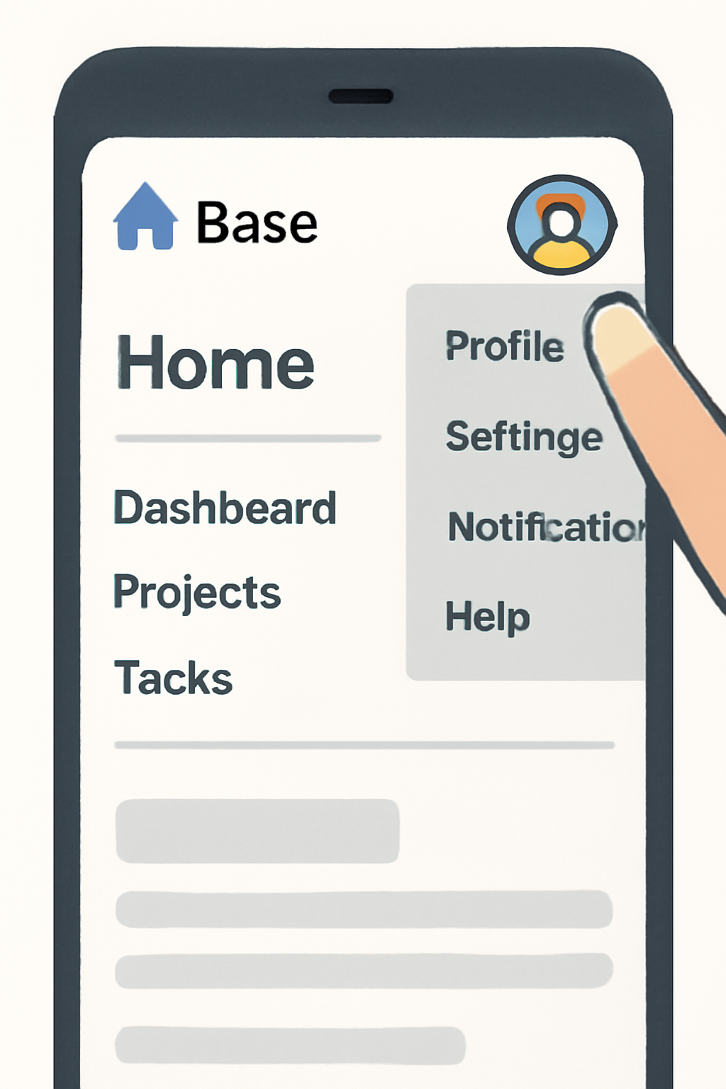 A smartphone screen showing the Base app home, with a finger tapping the profile photo in the top corner, leading to the sidebar menu.