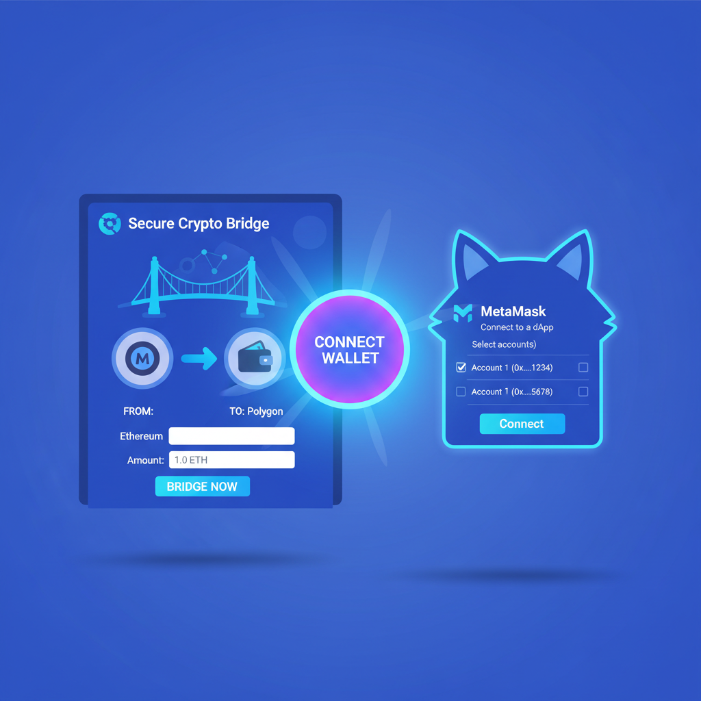 Wallet connection button glowing, MetaMask popup, secure crypto bridge interface, vibrant blues