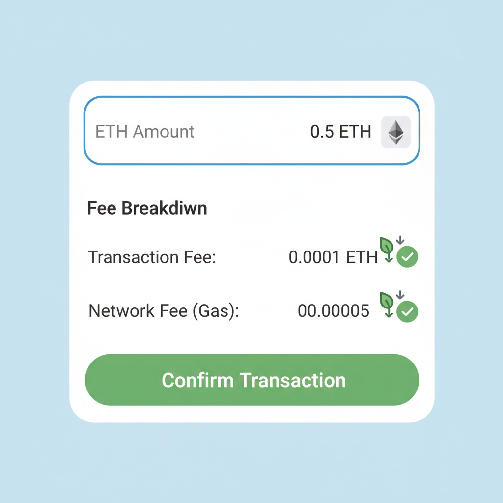 Input field with ETH amount, fee breakdown display, low fee icons, green checkmarks
