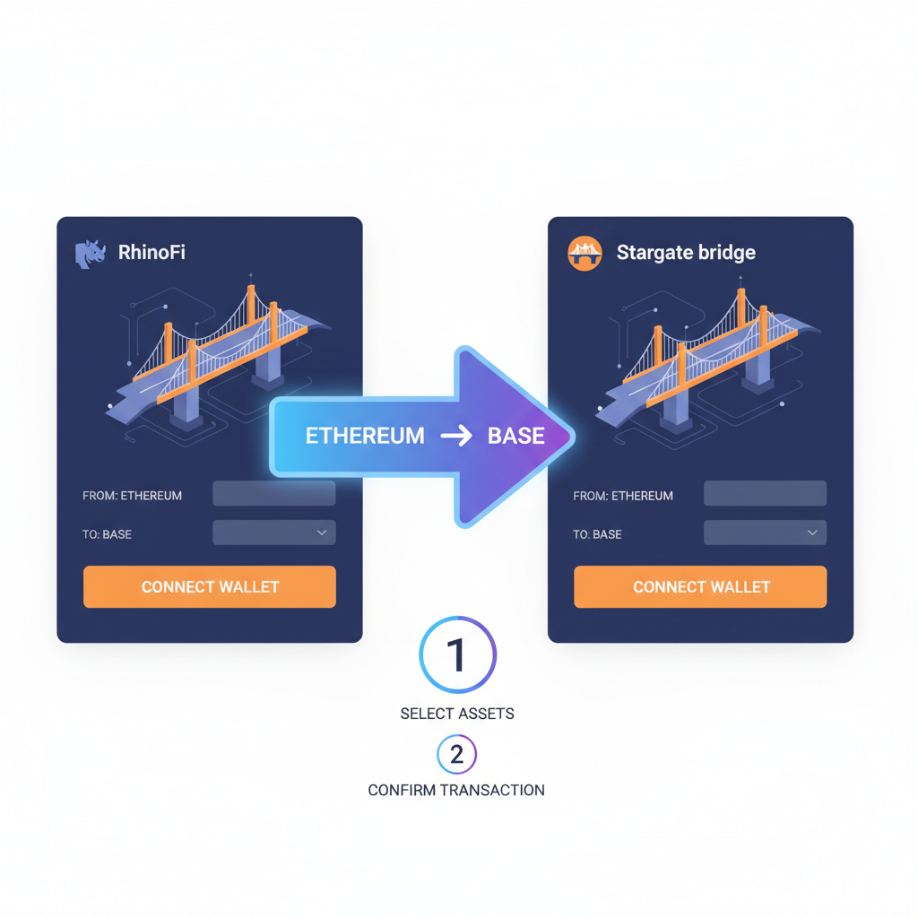Split screen of RhinoFi and Stargate bridge UIs, Ethereum to Base arrow glowing, futuristic bridge graphic