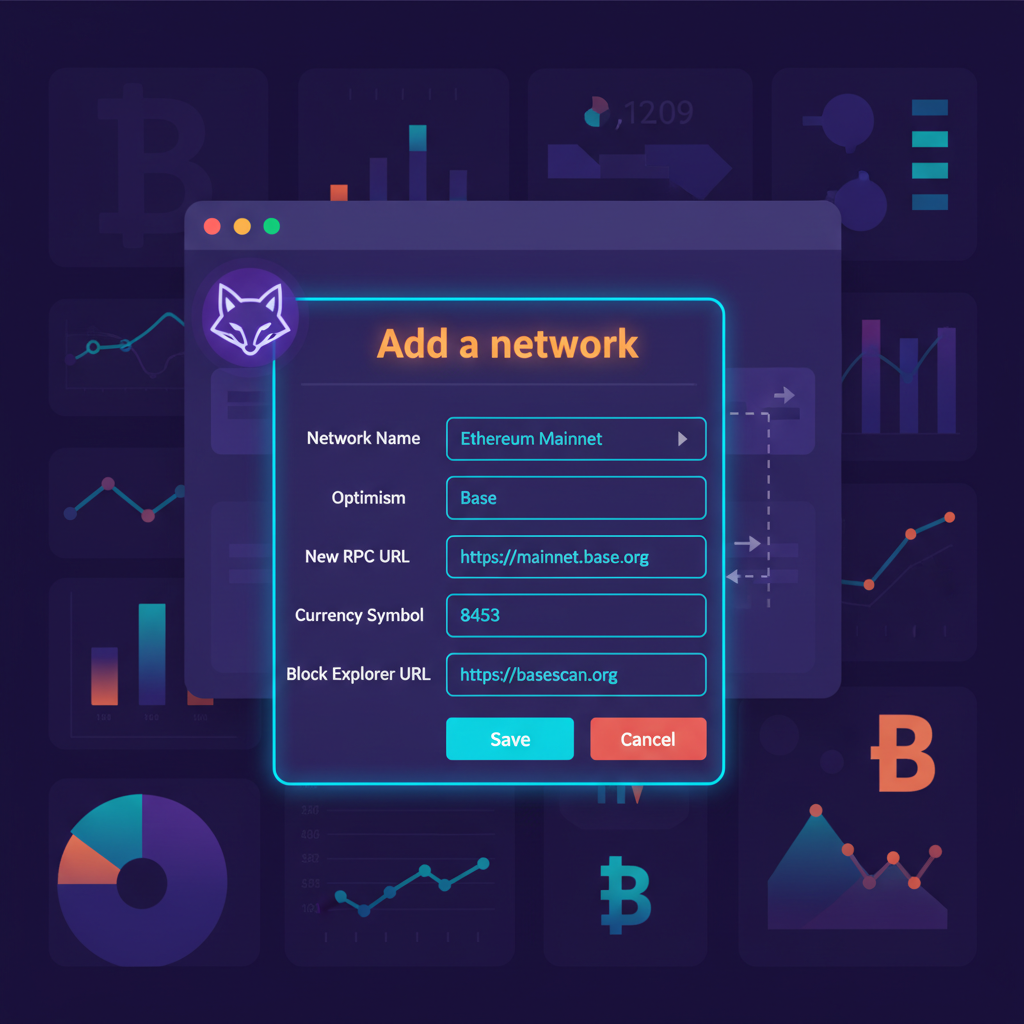 MetaMask wallet interface adding Base network, colorful crypto dashboard, energetic neon style