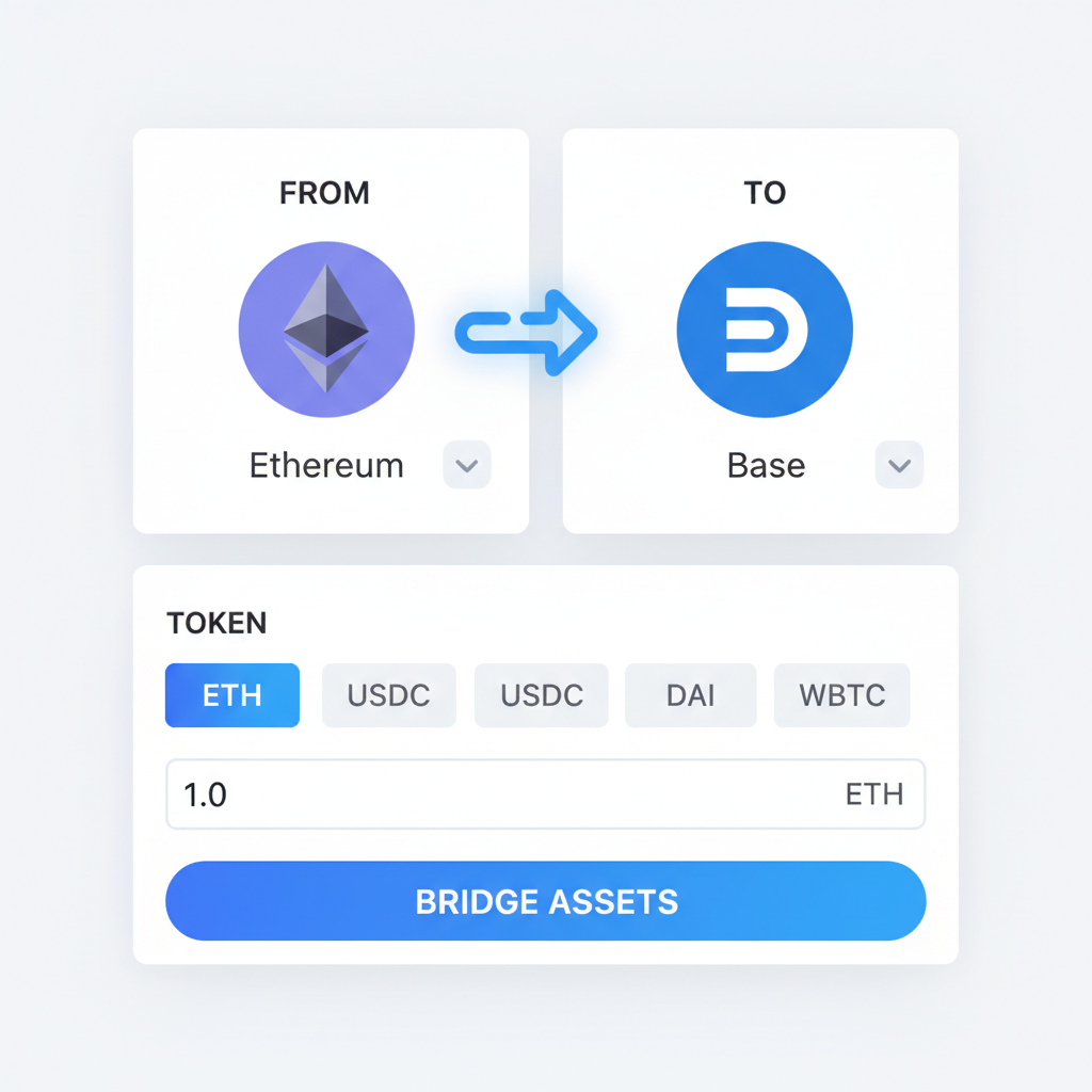 Bridge UI selecting Ethereum source, Base destination, ETH token highlighted, chain icons linking
