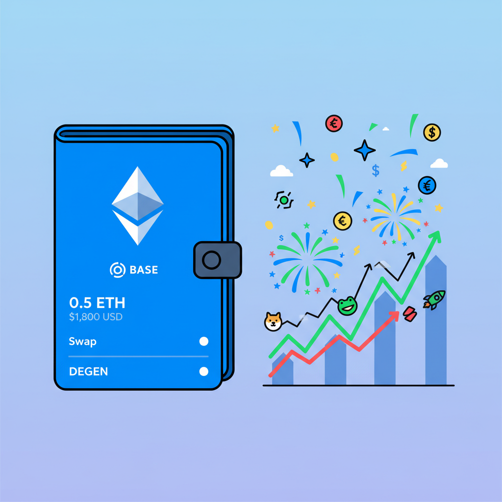 Wallet showing ETH on Base, memecoin trading charts exploding, celebratory crypto fireworks