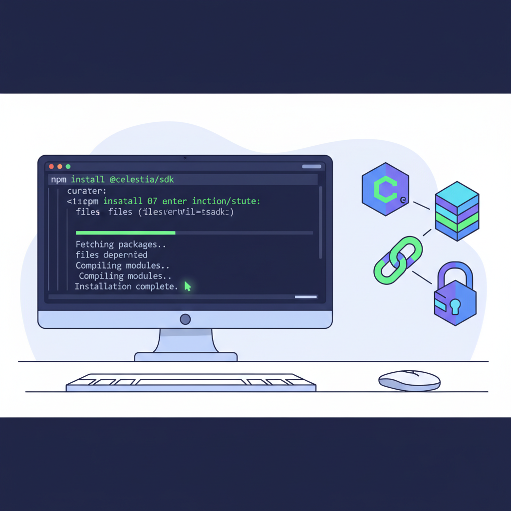 developer terminal installing Celestia SDK, code on screen, futuristic blockchain icons