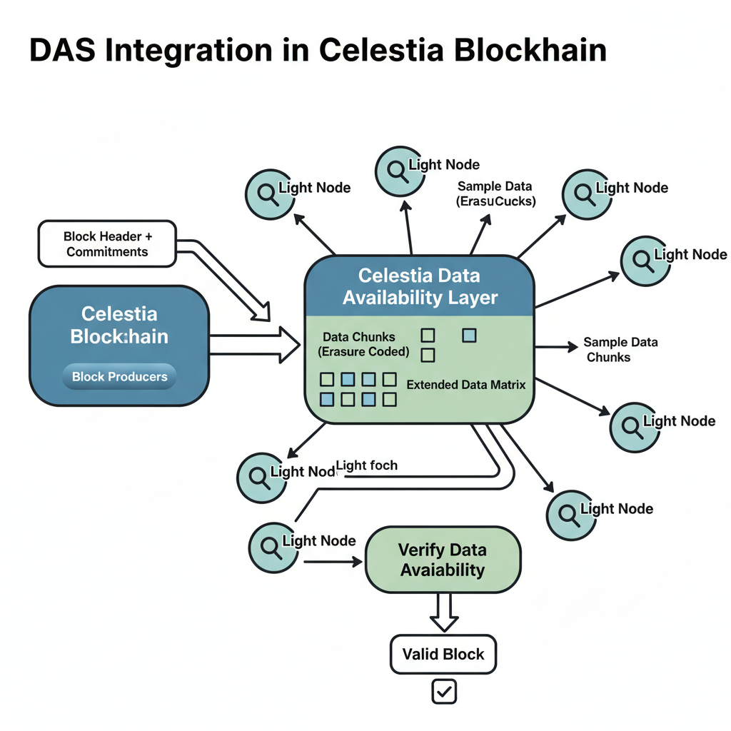 data flow diagram of DAS integration in Celestia blockchain, nodes sampling data