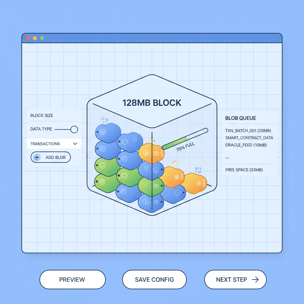 blockchain blob configuration UI, 128MB block visualization, data blobs stacking