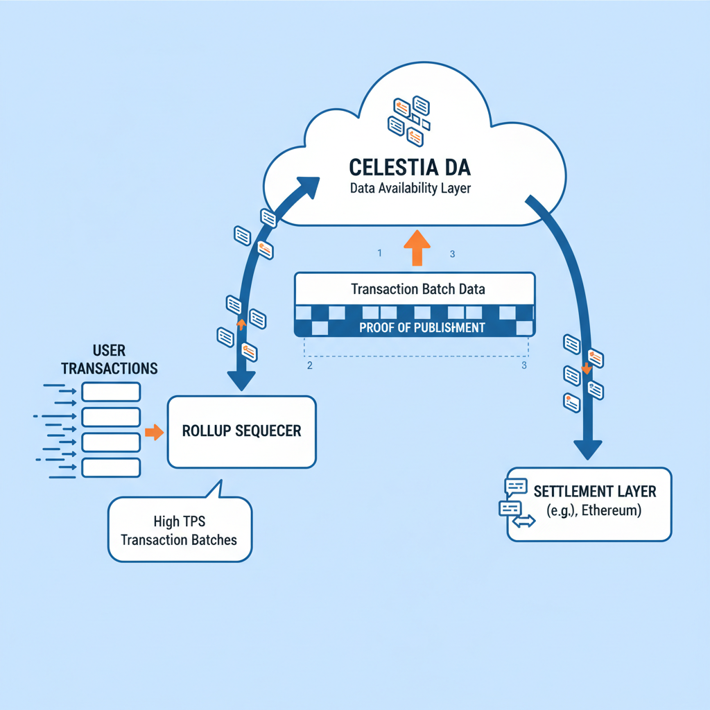 rollup architecture diagram, high TPS transaction batches flowing into Celestia DA