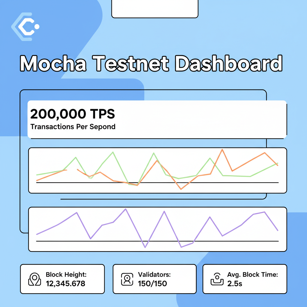 testing dashboard on Mocha testnet, graphs showing 200k TPS, Celestia logo
