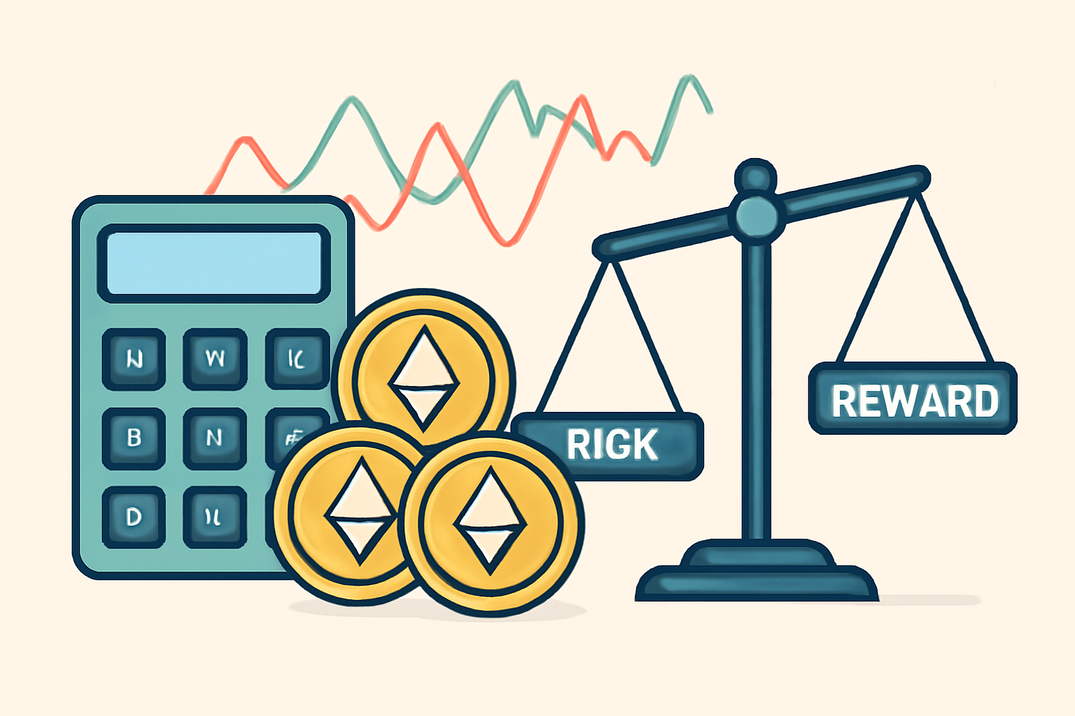 a calculator, Ethereum coins, and a risk/reward balance scale, with fluctuating chart lines in the background