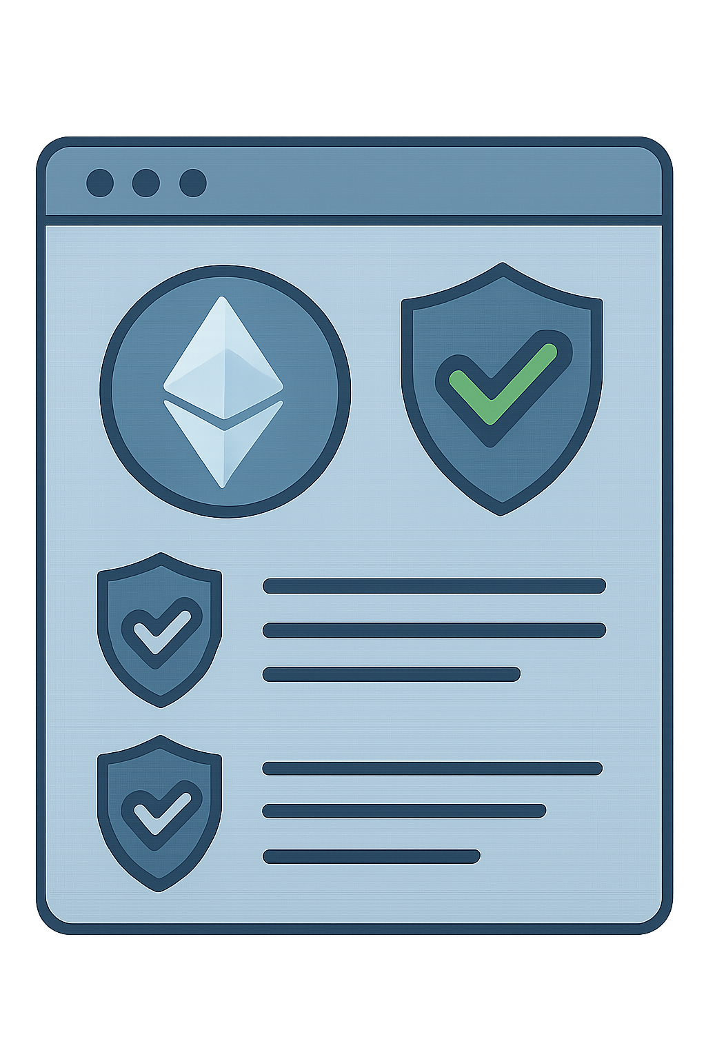 a secure digital platform interface with Ethereum logos, shield icons, and checkmarks, suggesting trust and safety