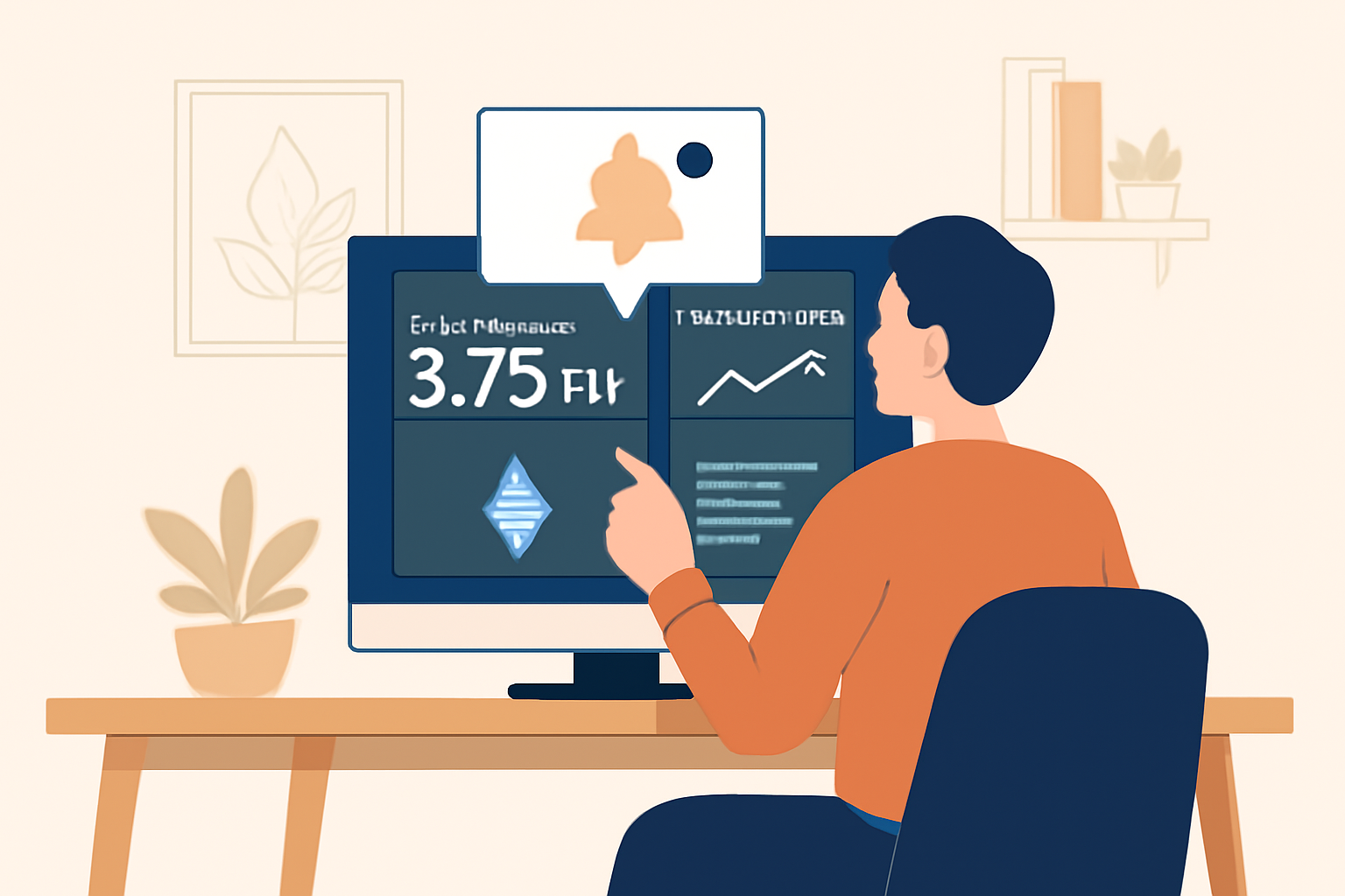 a person checking a digital dashboard with Ethereum staking rewards, notifications, and market updates, in a modern home office setting