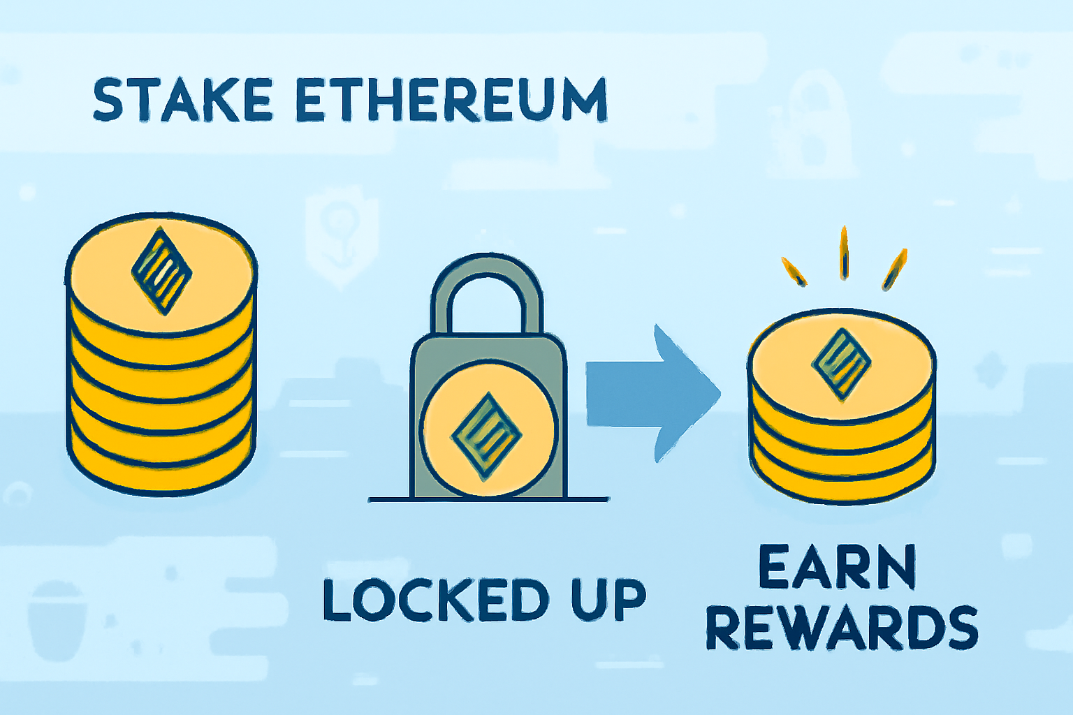 a beginner-friendly infographic showing Ethereum coins being locked and earning rewards, with a secure and modern digital finance background