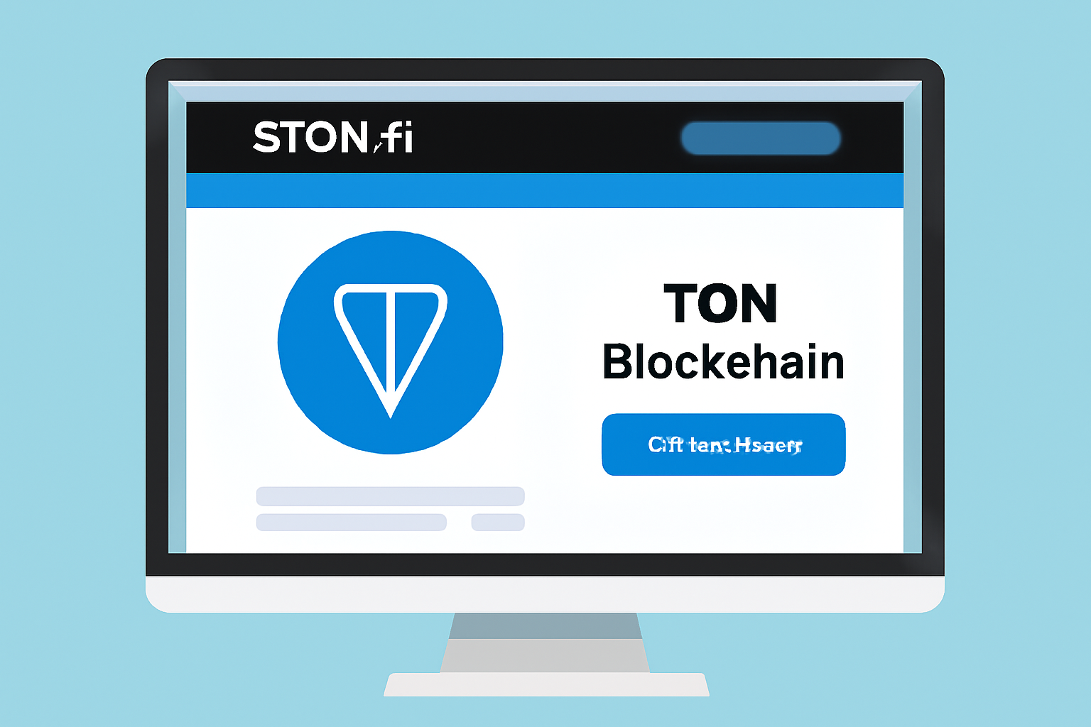 A computer screen displaying the STON.fi homepage with the TON blockchain logo, modern UI, and a clear 'Connect Wallet' button.