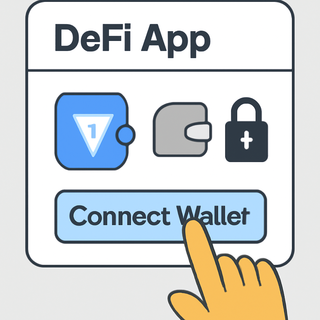 A hand clicking 'Connect Wallet' on a DeFi app interface, with wallet icons (like TON Wallet) and a secure connection symbol.