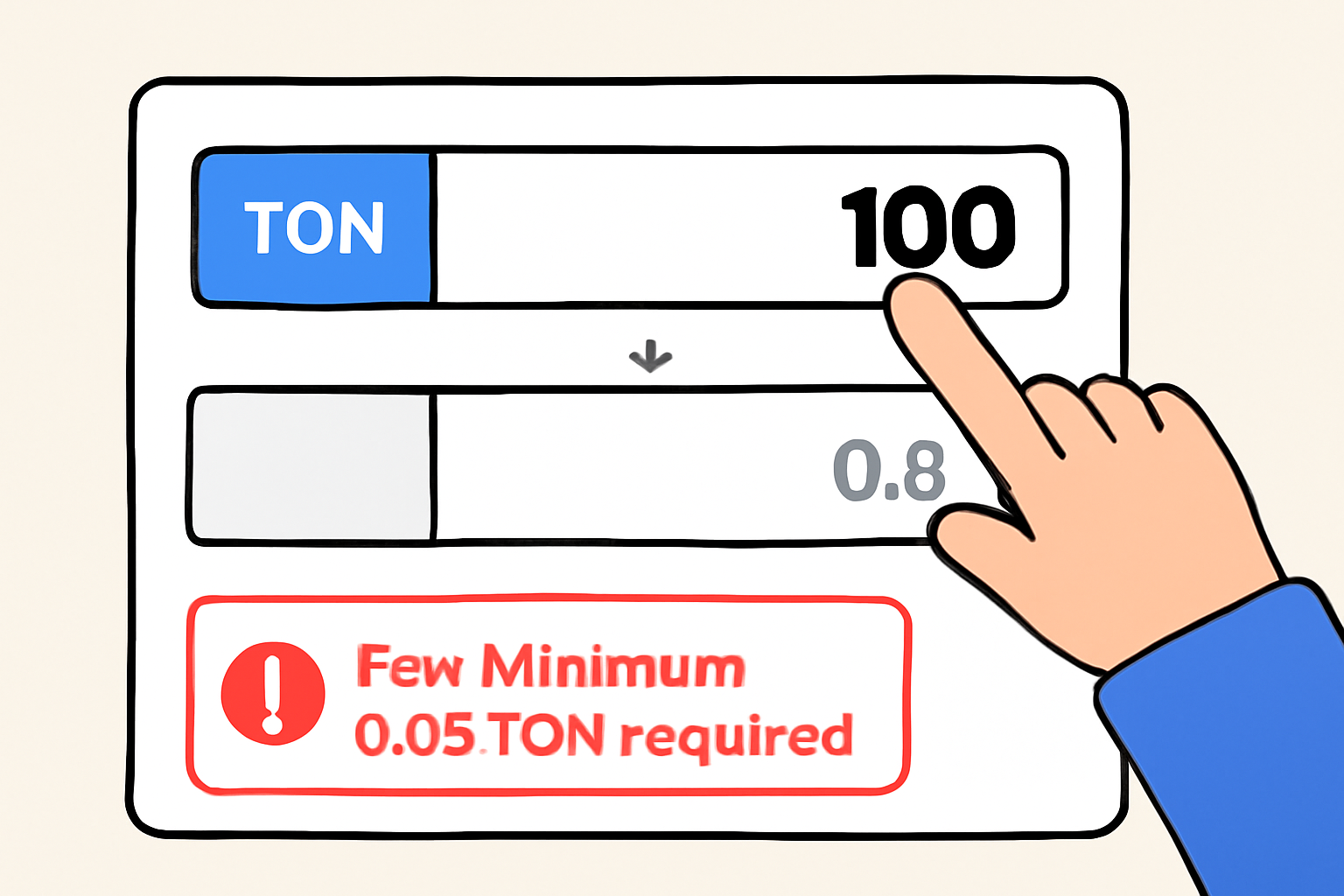 A user typing an amount into a swap interface, with a TON balance visible and a fee notice highlighting minimum TON required.