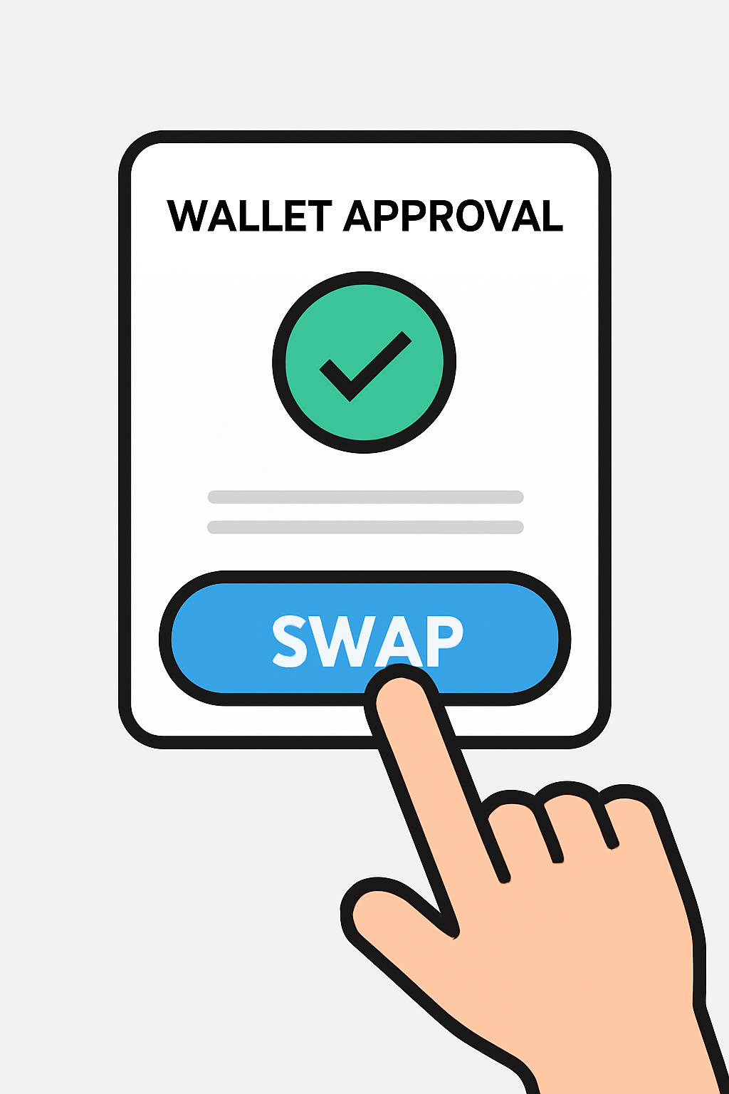 A finger pressing the 'Swap' button, with a wallet approval pop-up and a checkmark indicating confirmation.