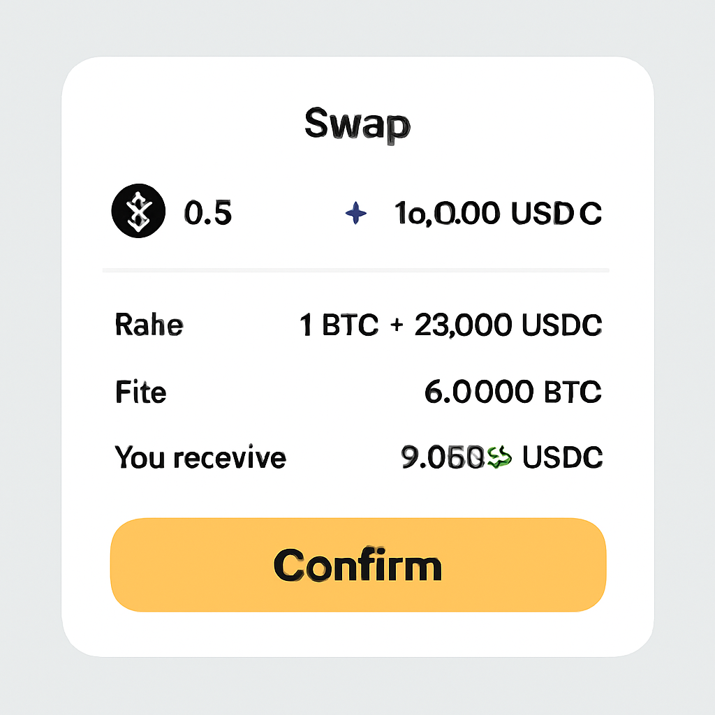 A close-up of a confirmation screen summarizing swap details: amounts, rates, fees, and a highlighted 'Confirm' button.