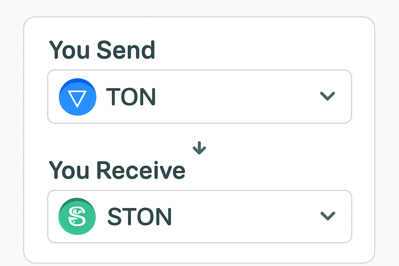 A digital dashboard showing token selection dropdowns labeled 'You Send' and 'You Receive' with TON and STON token icons.