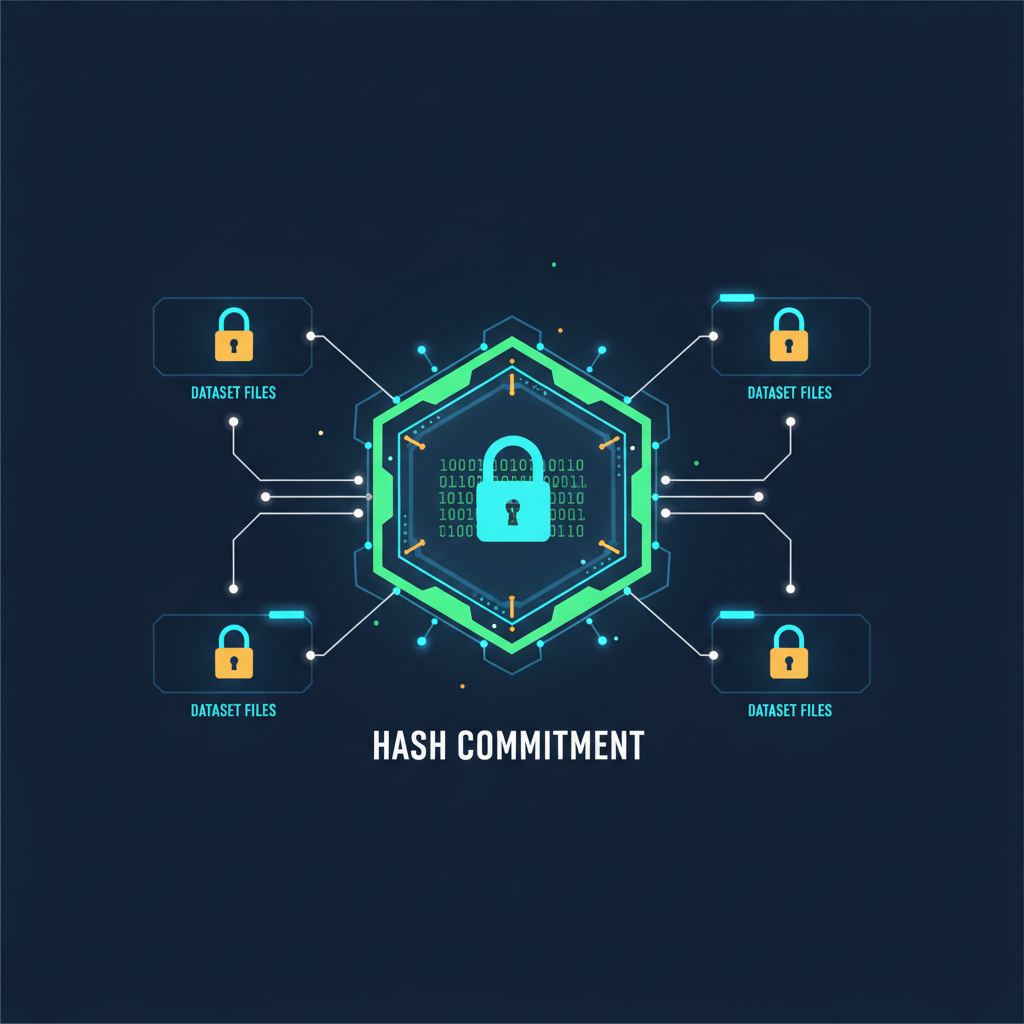 cryptographic hash commitment of dataset files glowing with digital locks, abstract tech style