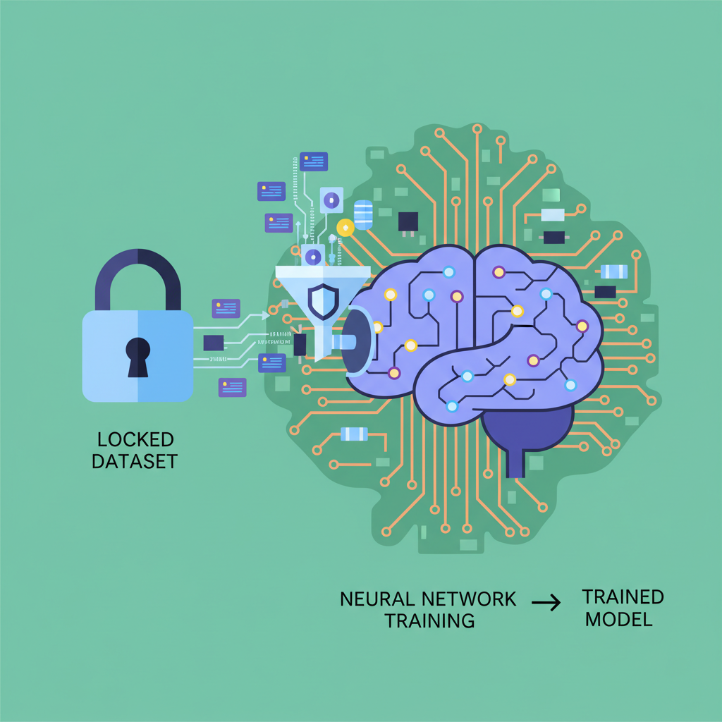 neural network training on locked dataset visualization, data flowing into AI brain, circuit board aesthetics