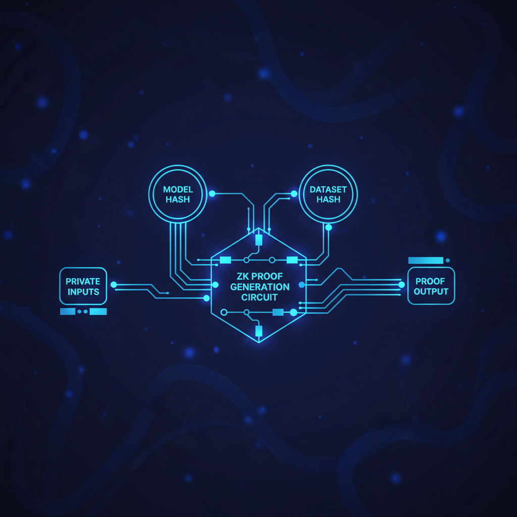 zero-knowledge proof generation circuit with model and dataset hashes connecting, ethereal blue glow